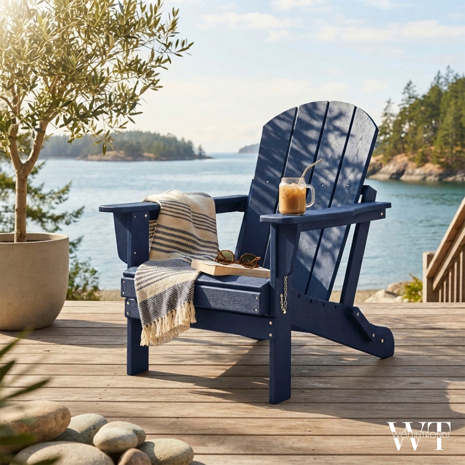WestinTrends Malibu Outdoor Patio HDPE Folding Poly Adirondack Chair, Navy Blue