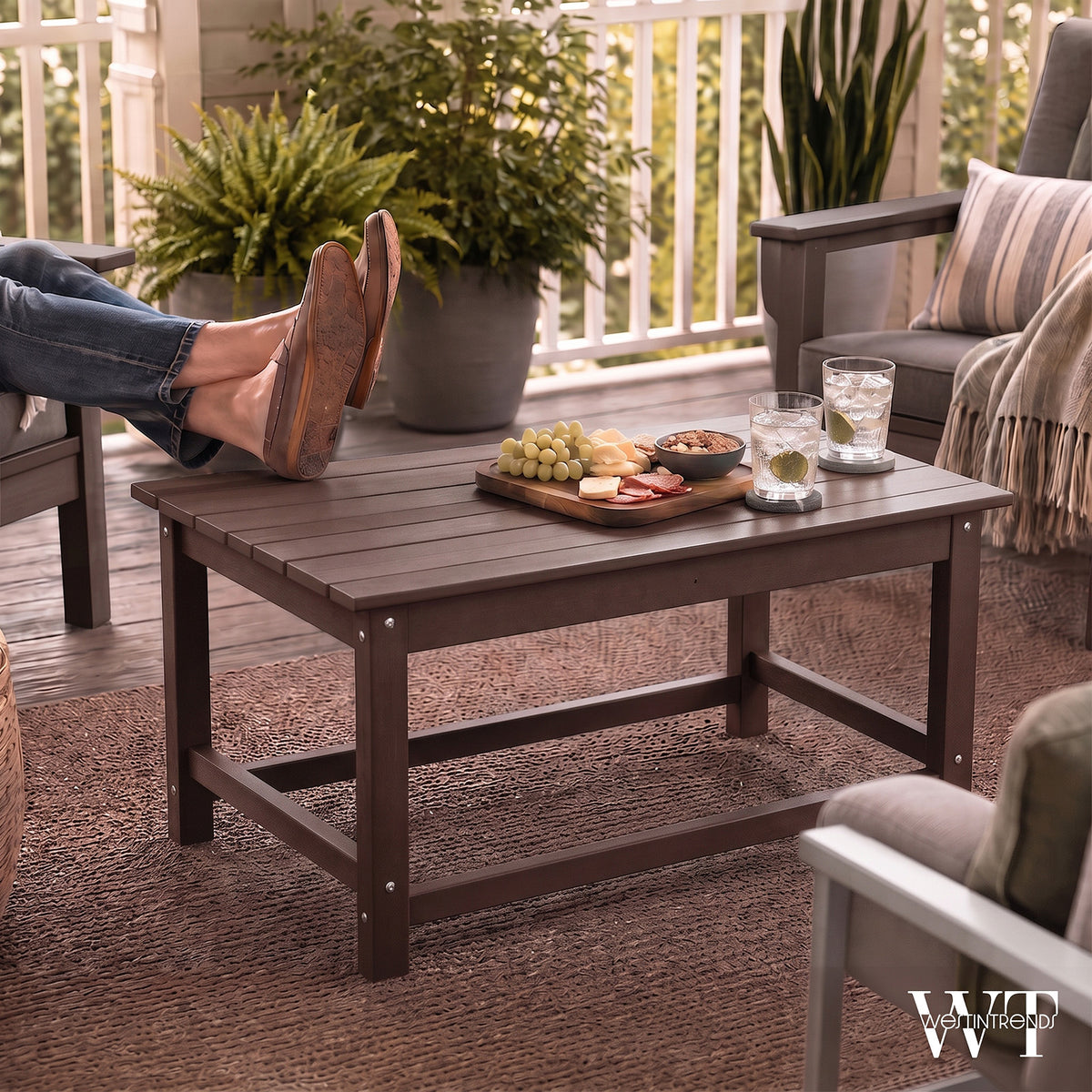 WestinTrends Malibu Outdoor Poly Coffee Table, 35.25 x 17.5 Inch, Dark Brown