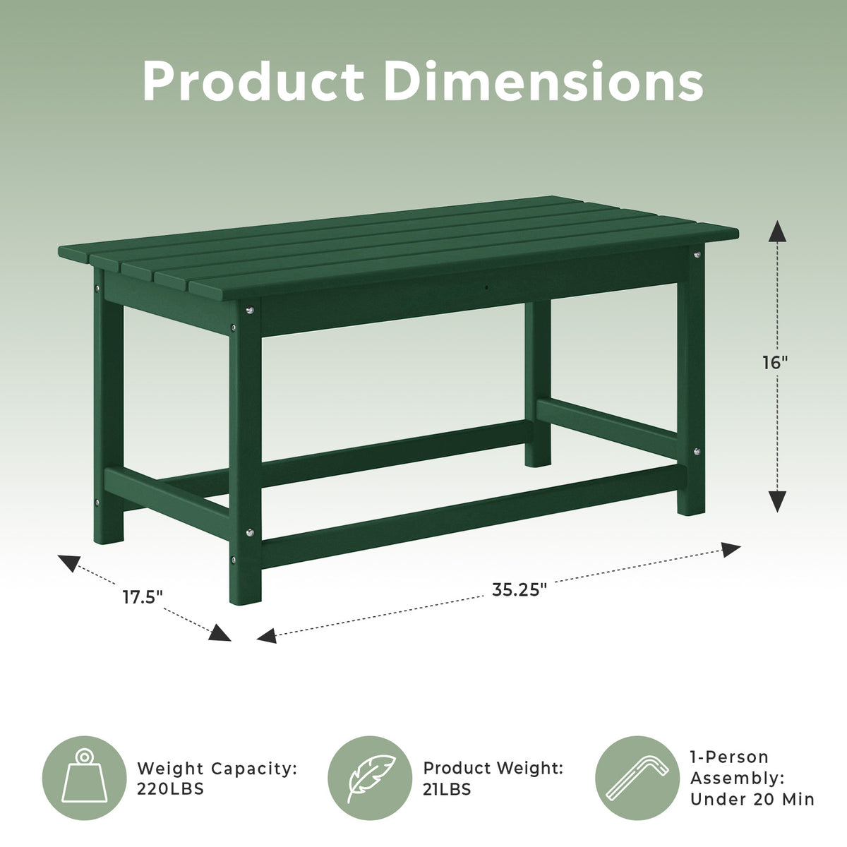 WestinTrends Malibu Outdoor Poly Coffee Table, 35.25 x 17.5 Inch, Dark Green