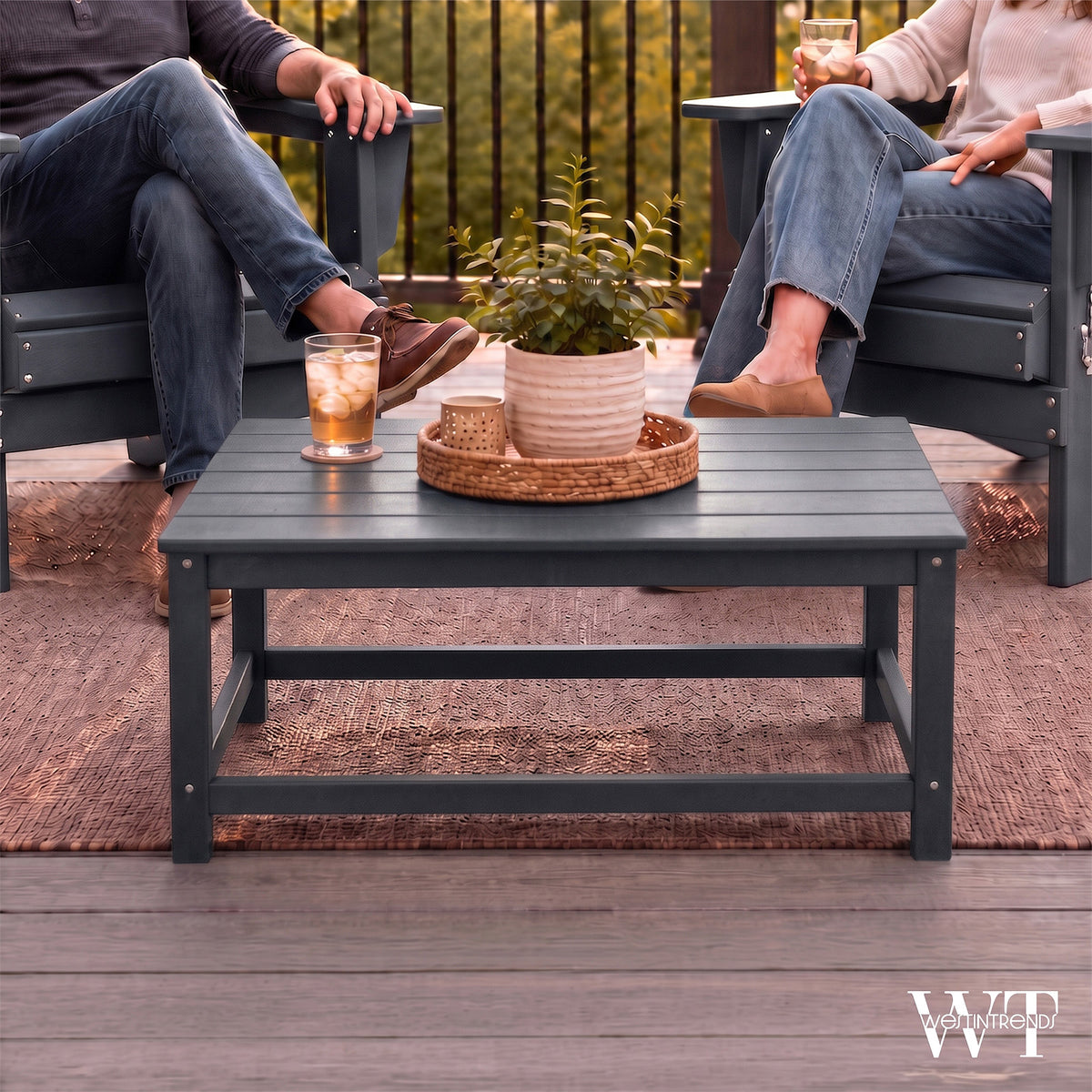 WestinTrends Malibu Outdoor Patio HDPE Plastic Folding Adirondack Chair, Gray (4 Pack)  + WestinTrends Malibu Outdoor Poly Lumber Coffee Table, 35.25 x 17.5 Inch, Gray