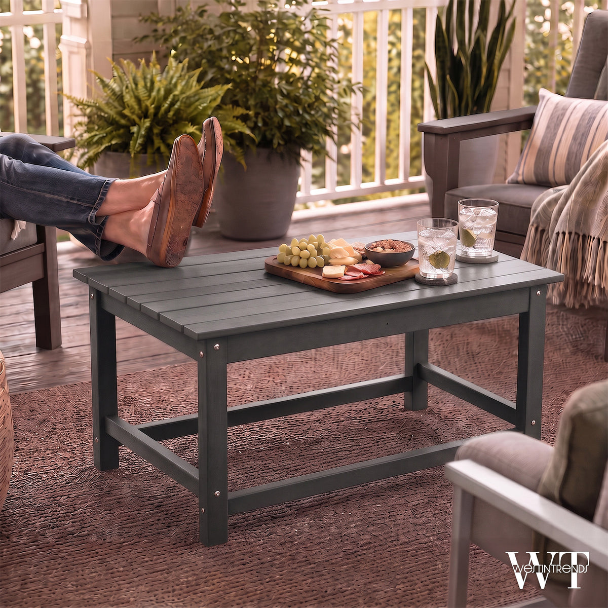 WestinTrends Malibu Outdoor Patio HDPE Plastic Folding Adirondack Chair, Gray (4 Pack)  + WestinTrends Malibu Outdoor Poly Lumber Coffee Table, 35.25 x 17.5 Inch, Gray
