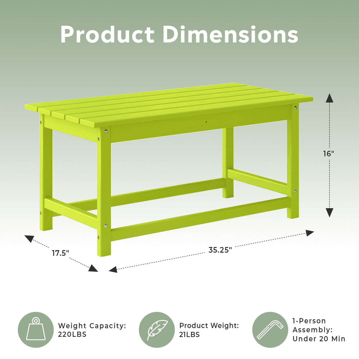 WestinTrends Malibu Outdoor Poly Lumber Coffee Table, 35.25 x 17.5 Inch, Lime