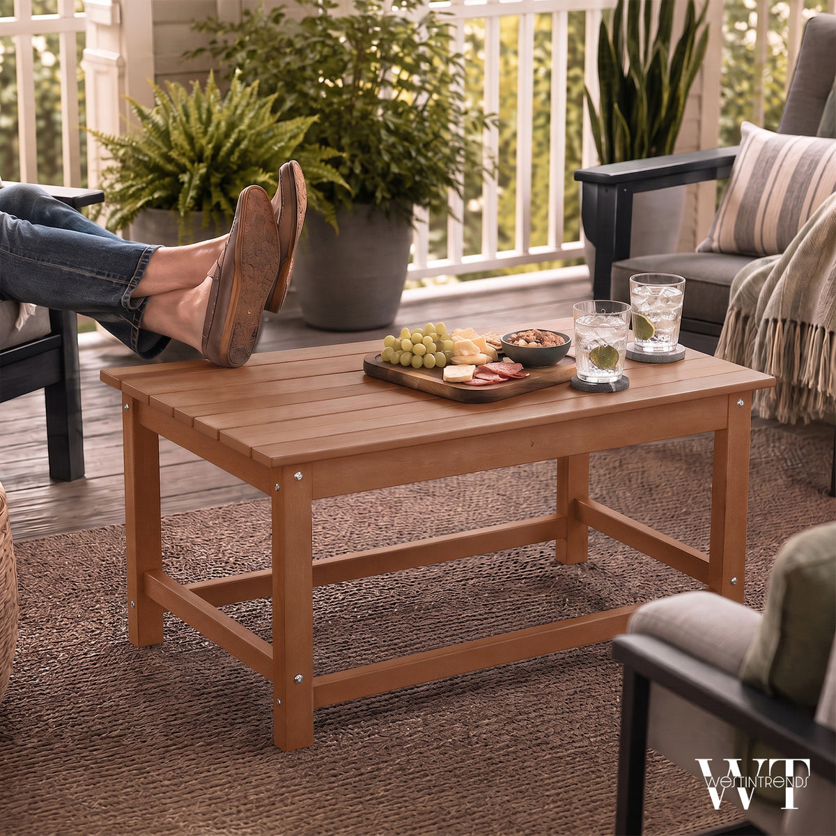 WestinTrends Malibu Outdoor Poly Lumber Coffee Table, 35.25 x 17.5 Inch, Teak