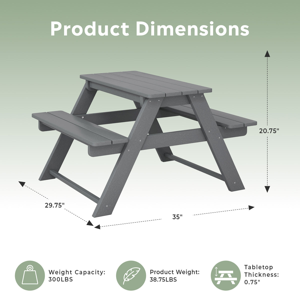 WestinTrends Malibu Indoor/Outdoor Patio HDPE Picnic Bench Table for Kids, Gray
