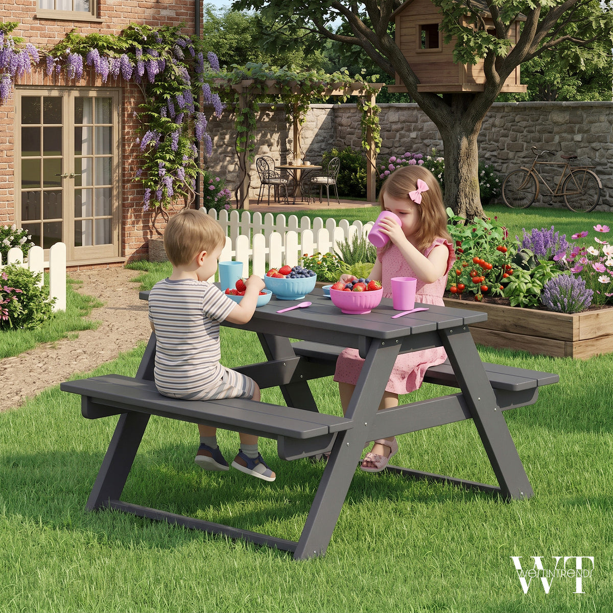 WestinTrends Malibu Indoor/Outdoor Patio HDPE Picnic Bench Table for Kids, Gray
