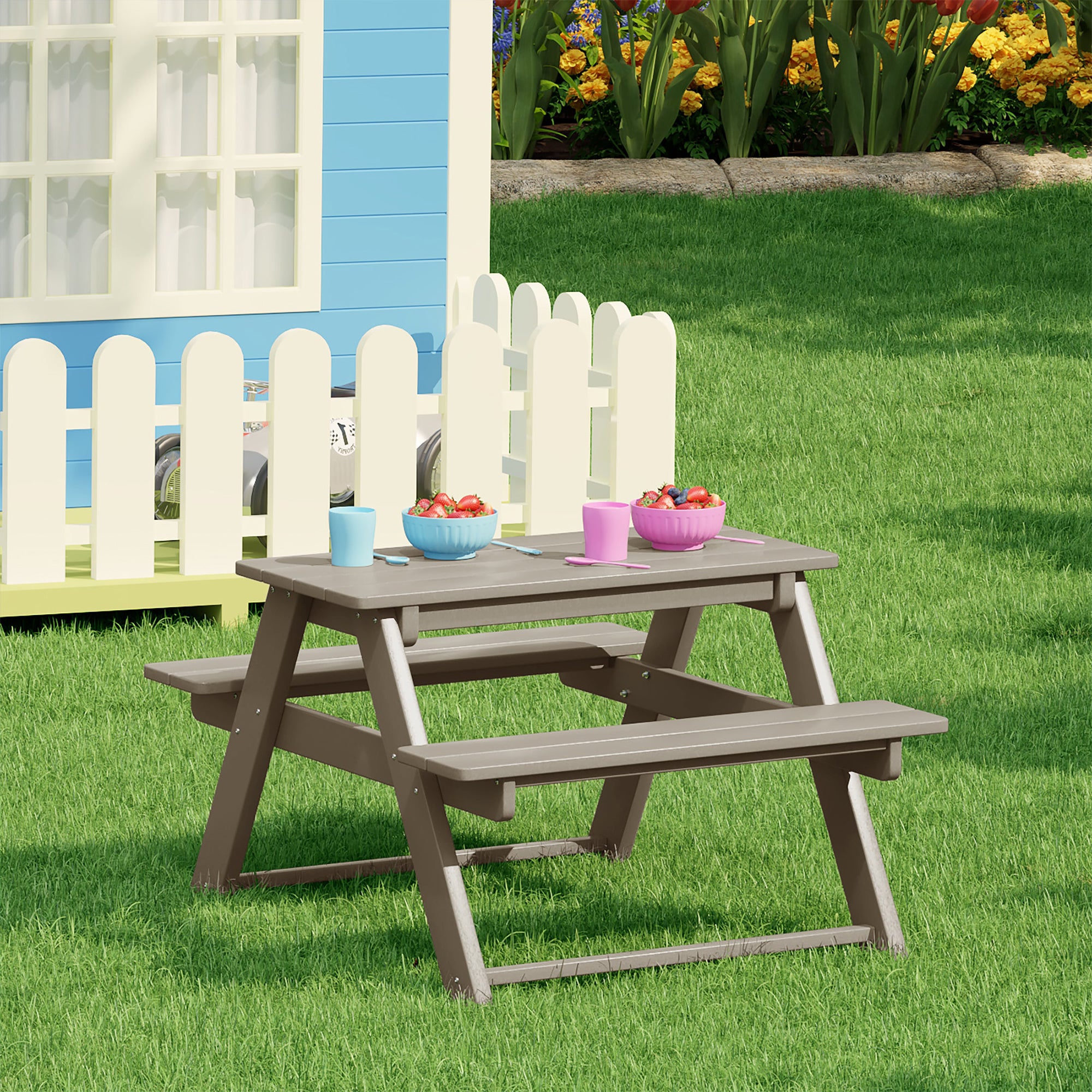 WestinTrends Malibu Outdoor Picnic Bench Table for Kids, HDPE, Weathered Wood
