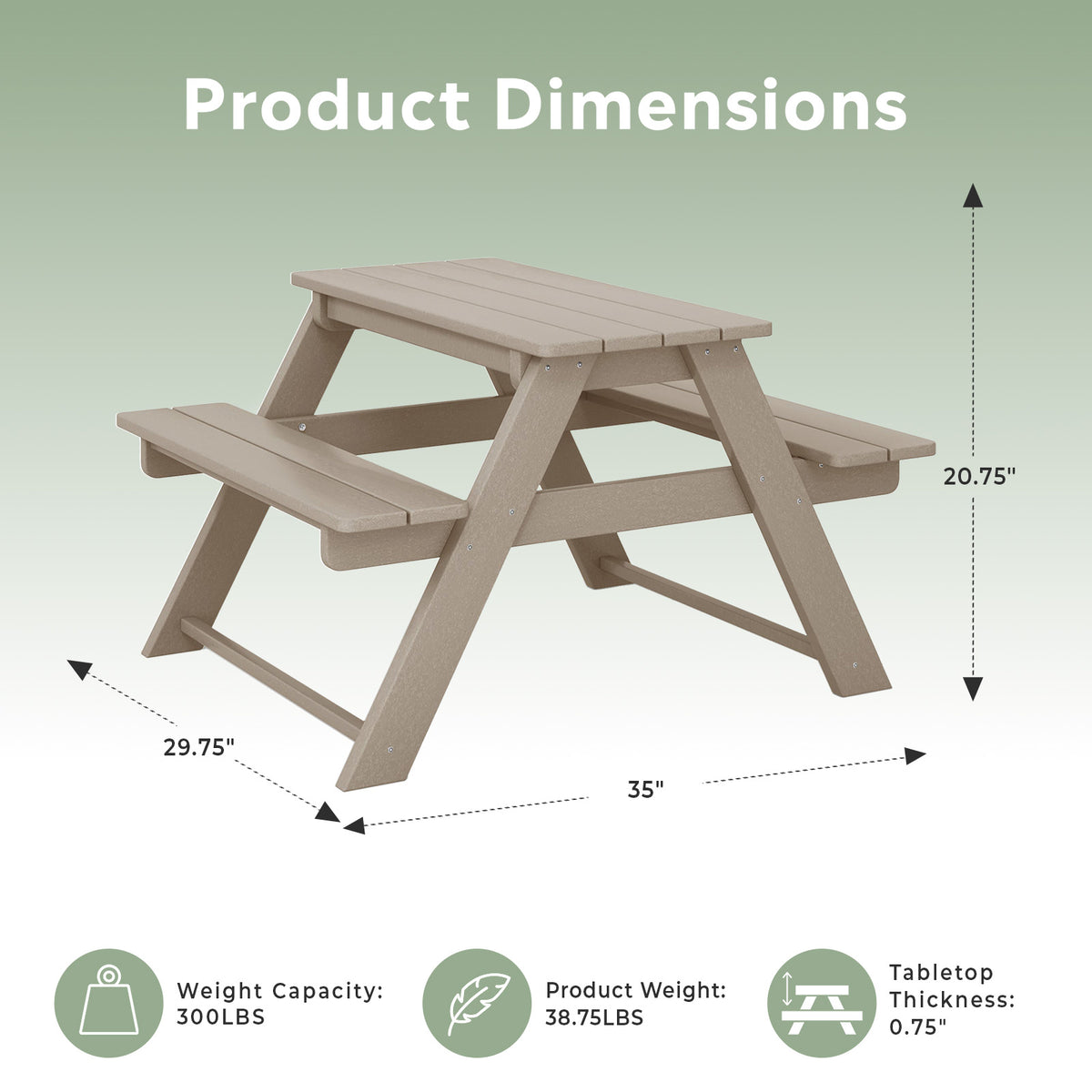 WestinTrends Malibu Outdoor Picnic Bench Table for Kids, HDPE, Weathered Wood