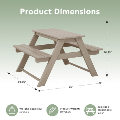 WestinTrends Malibu Outdoor Picnic Bench Table for Kids, HDPE, Weathered Wood