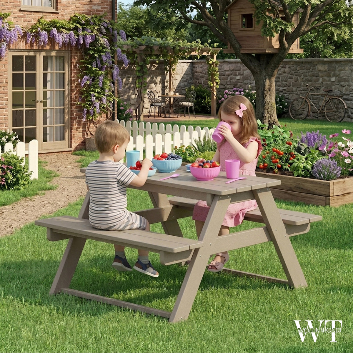 WestinTrends Malibu Outdoor Picnic Bench Table for Kids, HDPE, Weathered Wood