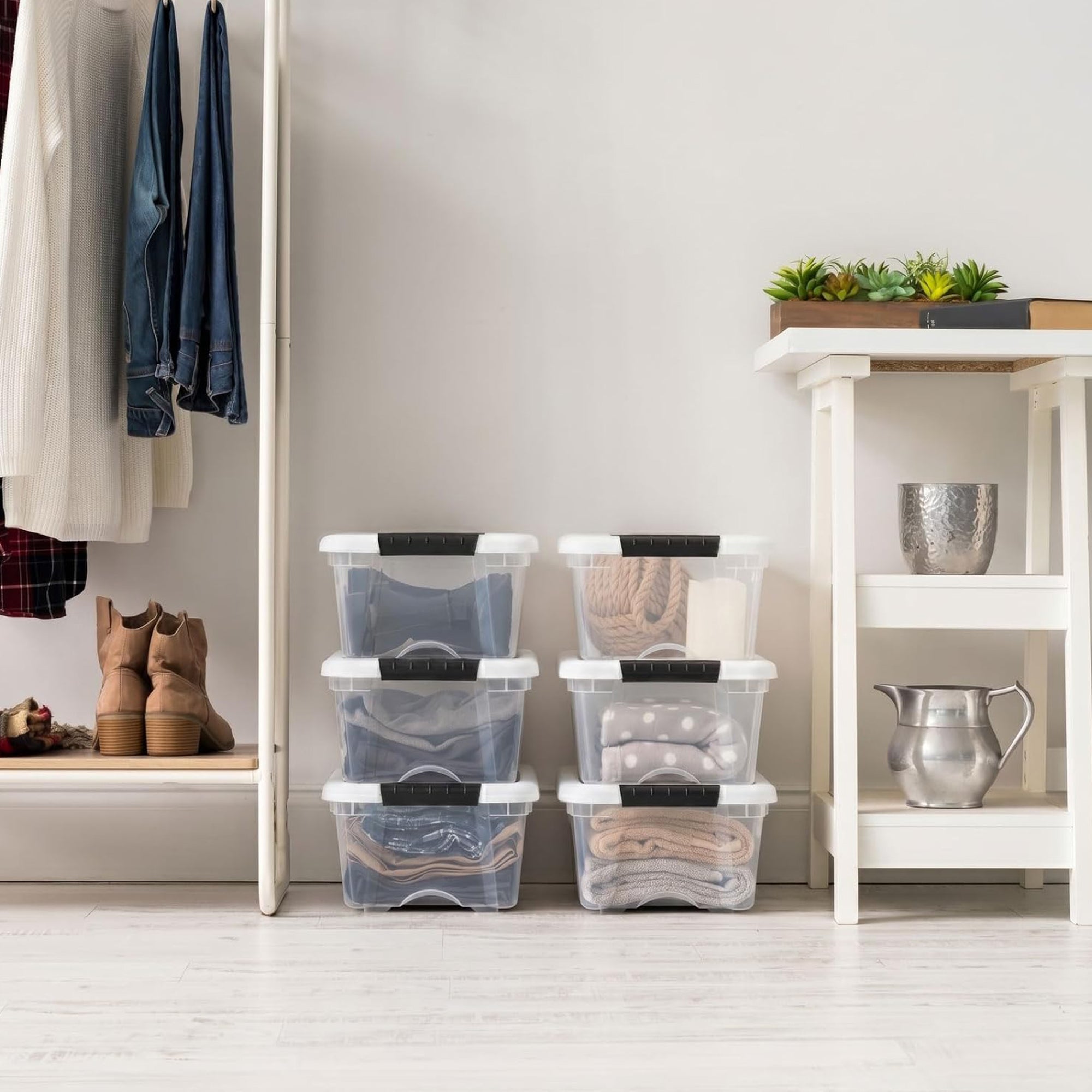 IRIS USA Stackable 13 Qt Storage Organizer Bins with Lids, Clear/White, 12-Pack