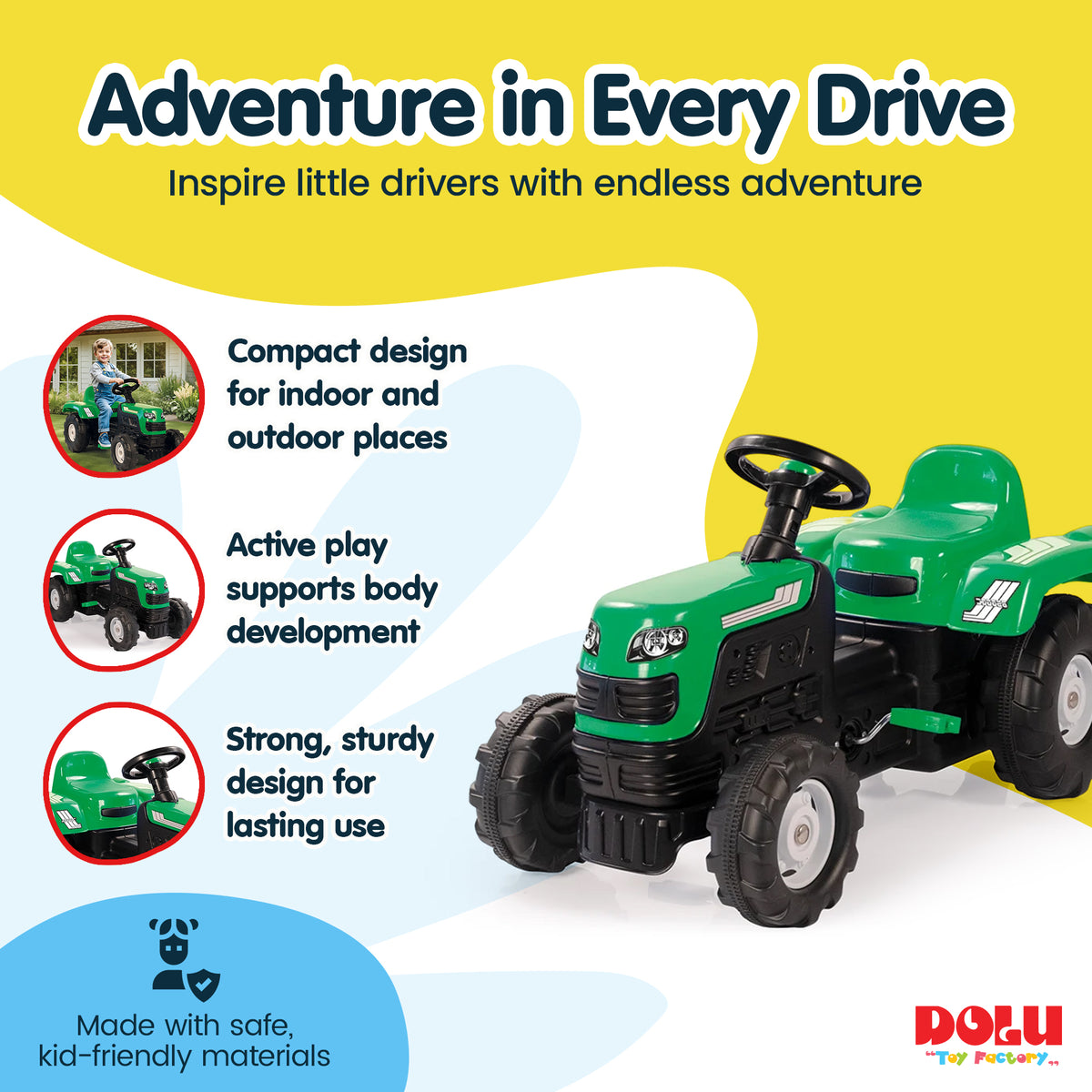 DOLU Ranchero Pedal Operated Toy Tractor Car for Ages 3 Years and Up, Green