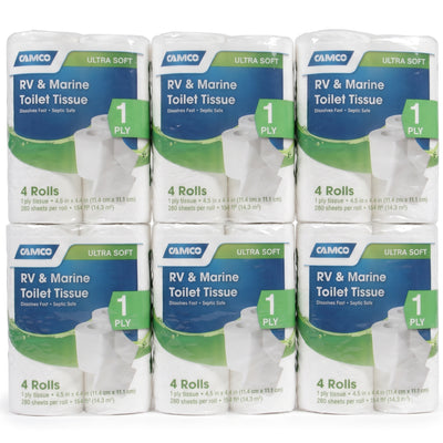 Camco 1-Ply Toilet Paper, 24 Rolls, 280 Flushable Biodegradable Tissue Sheets