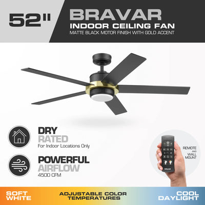 Mule Bravar 52-Inch Ceiling Fan with LED Light and Remote Control, Black/Gold