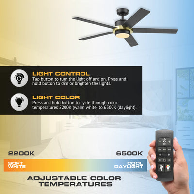 Mule Bravar 52-Inch Ceiling Fan with LED Light and Remote Control, Black/Gold