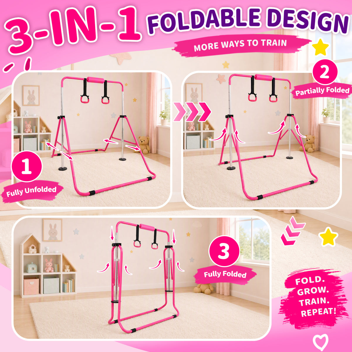 Fitvids Adjustable Folding Gymnastics Kip Bar for Kids Training, Up to 130 lb - VMInnovations