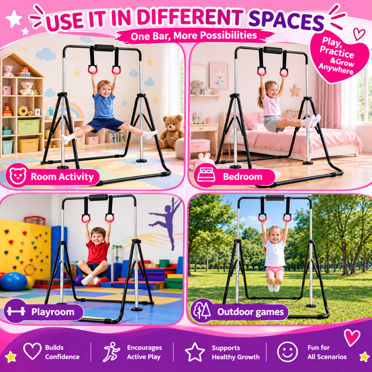 Fitvids Adjustable Folding Gymnastics Kip Bar for Kids Training, Up to 130 lb - VMInnovations