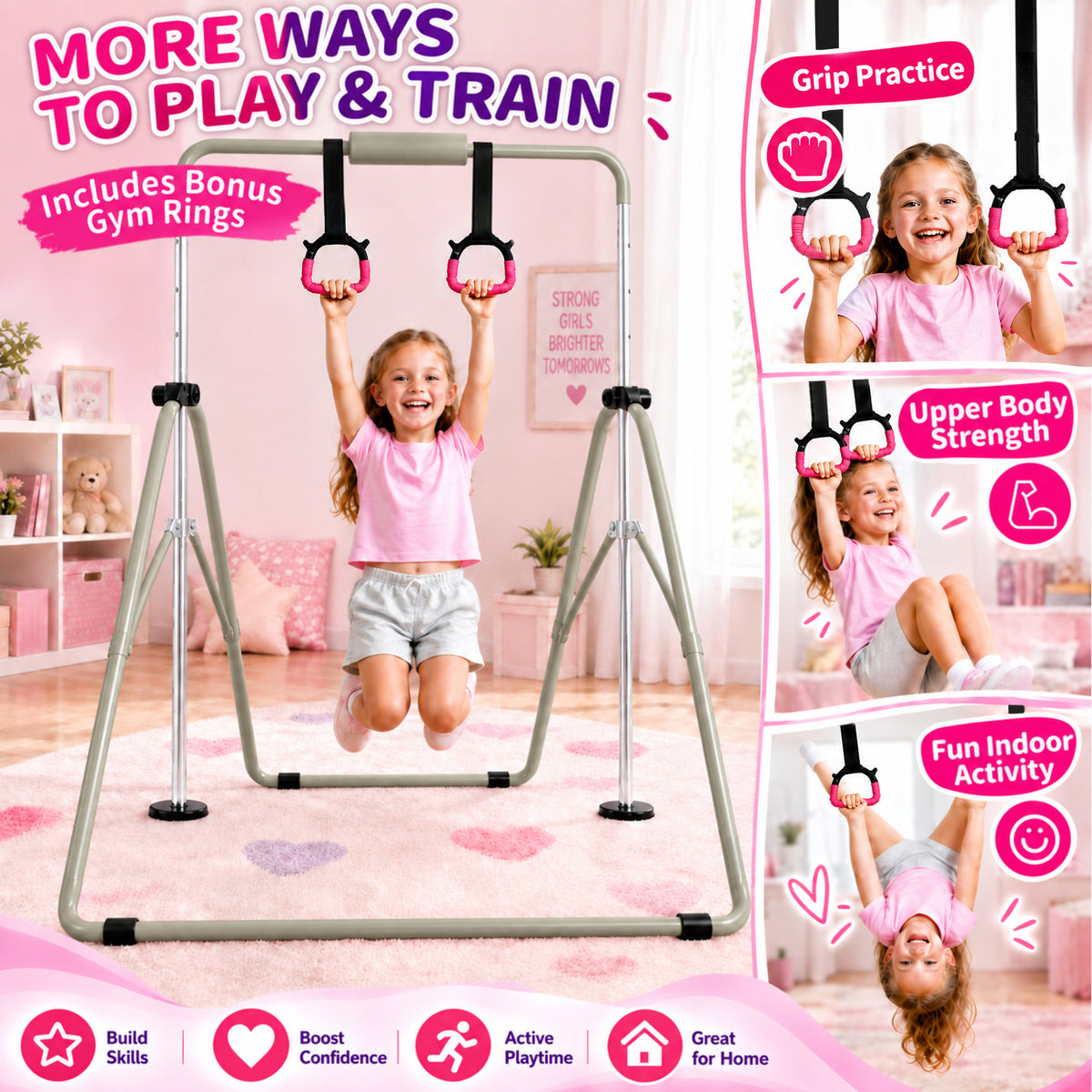 Fitvids Adjustable Folding Gymnastics Kip Bar for Kids Training, Up to 130 lb - VMInnovations