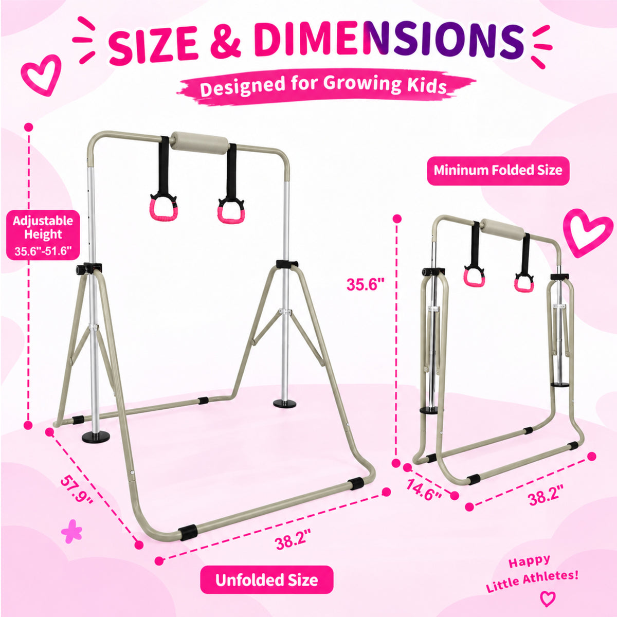 Fitvids Adjustable Folding Gymnastics Kip Bar for Kids Training, Up to 130 lb - VMInnovations