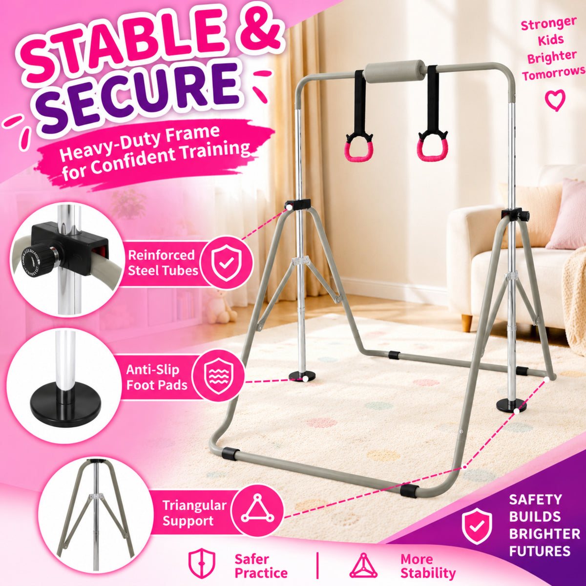 Fitvids Adjustable Folding Gymnastics Kip Bar for Kids Training, Up to 130 lb - VMInnovations