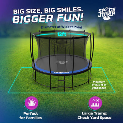SpaceJump Astro 12' Round Outdoor Trampoline w/ AstroJam Basketball Hoop, Black