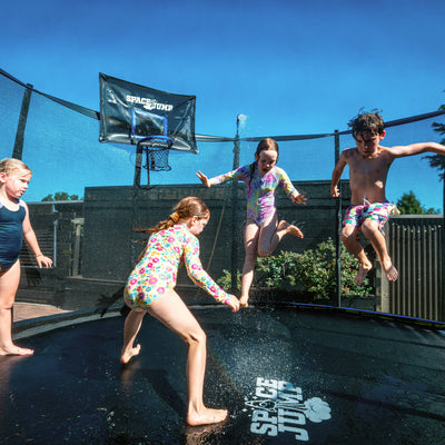 SpaceJump Astro 12' Round Outdoor Trampoline w/ AstroJam Basketball Hoop, Black