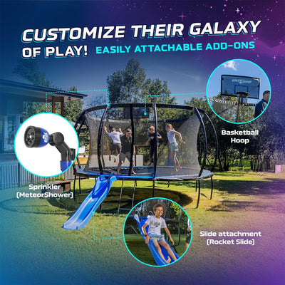 SpaceJump Astro 15' Trampoline, Outdoor Ultimate Set with Slide, Hoop & Sprayer