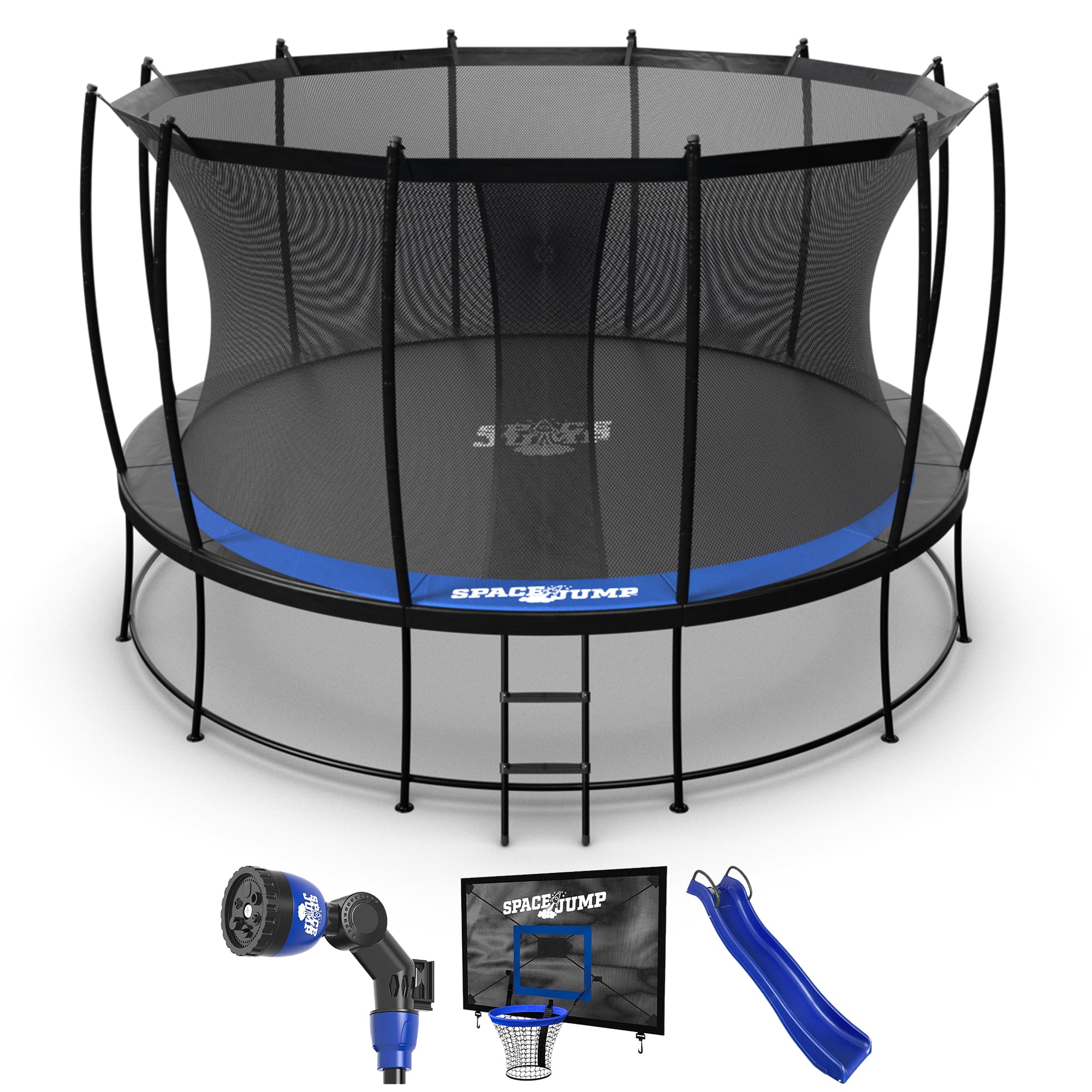 SpaceJump Astro 14' Trampoline, Outdoor Ultimate Set with Slide, Hoop & Sprayer
