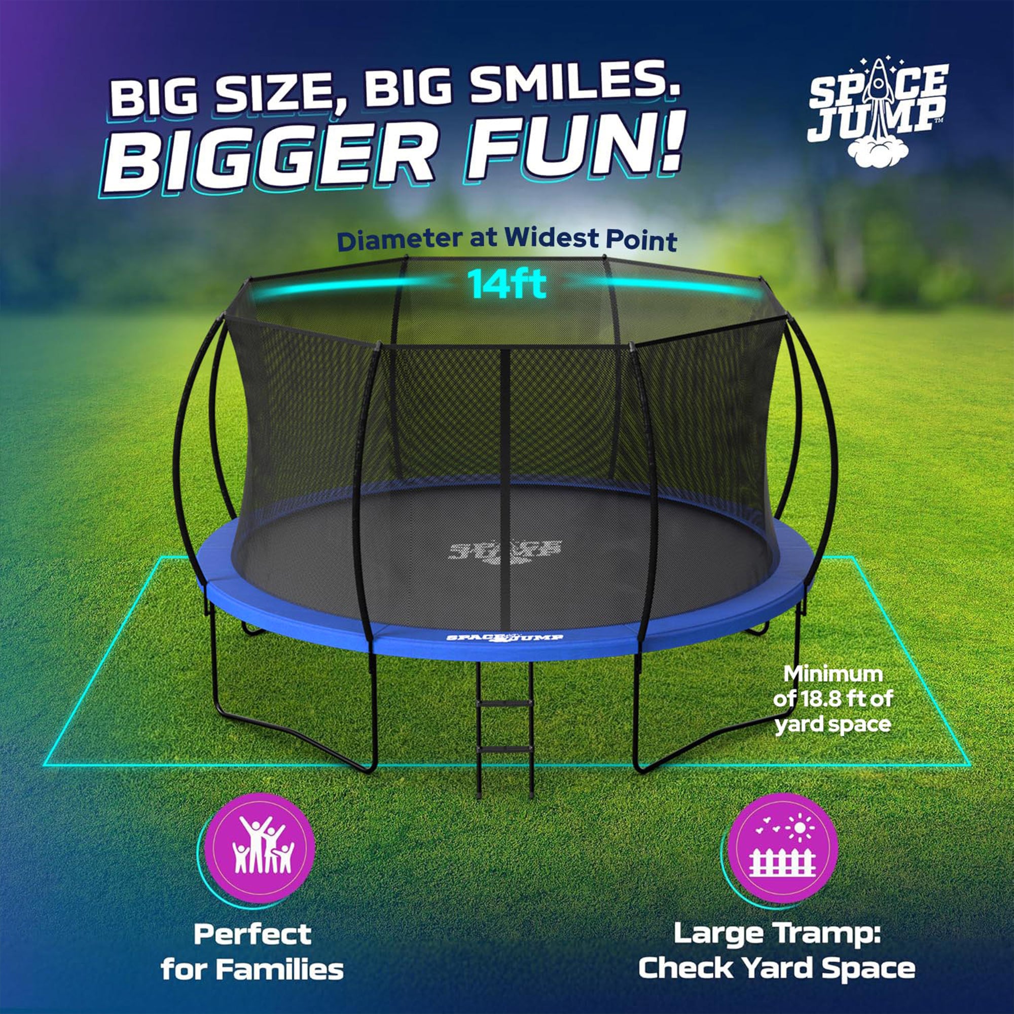 SpaceJump Nova 14 Ft Trampoline, Outdoor Bounce Pad with Safety Net, Blue/Black