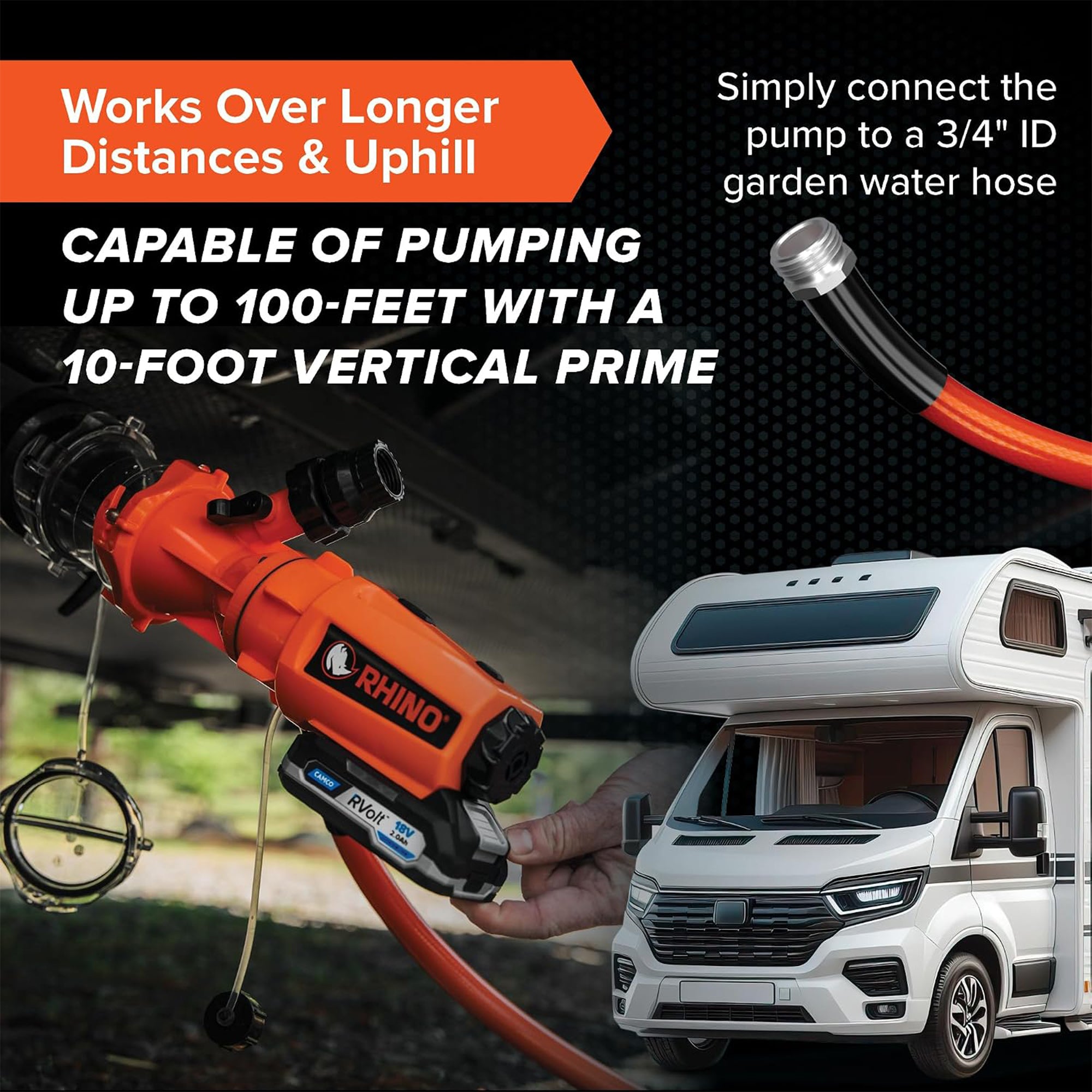 Camco Rhino Cordless 18V RV Sewage Macerator Pump Kit for Black and Gray Water