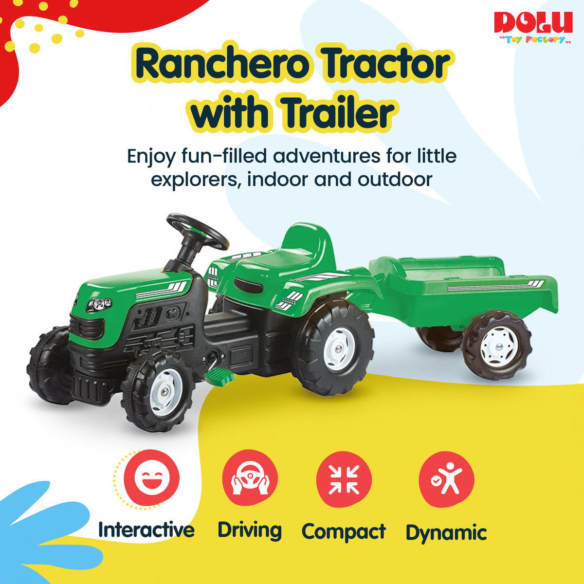DOLU Ranchero Pedal Operated Toy Tractor with Trailer, Ages 3+ Years, Green