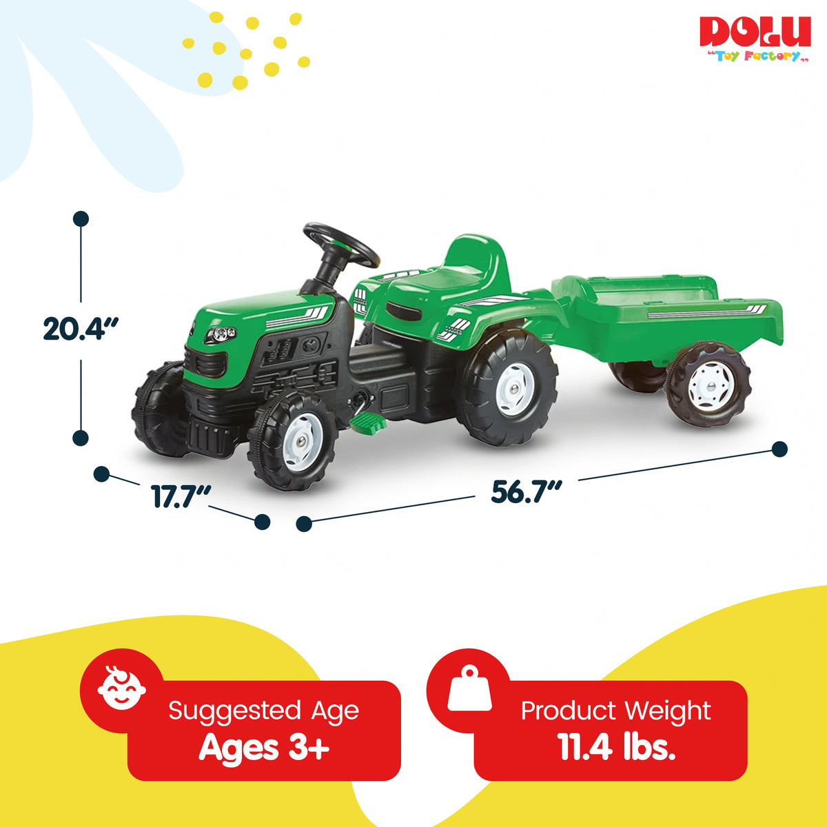 DOLU Ranchero Pedal Operated Toy Tractor with Trailer, Ages 3+ Years, Green