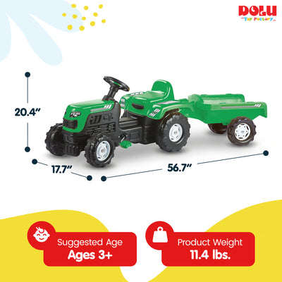DOLU Ranchero Pedal Operated Toy Tractor with Trailer, Ages 3+ Years, Green
