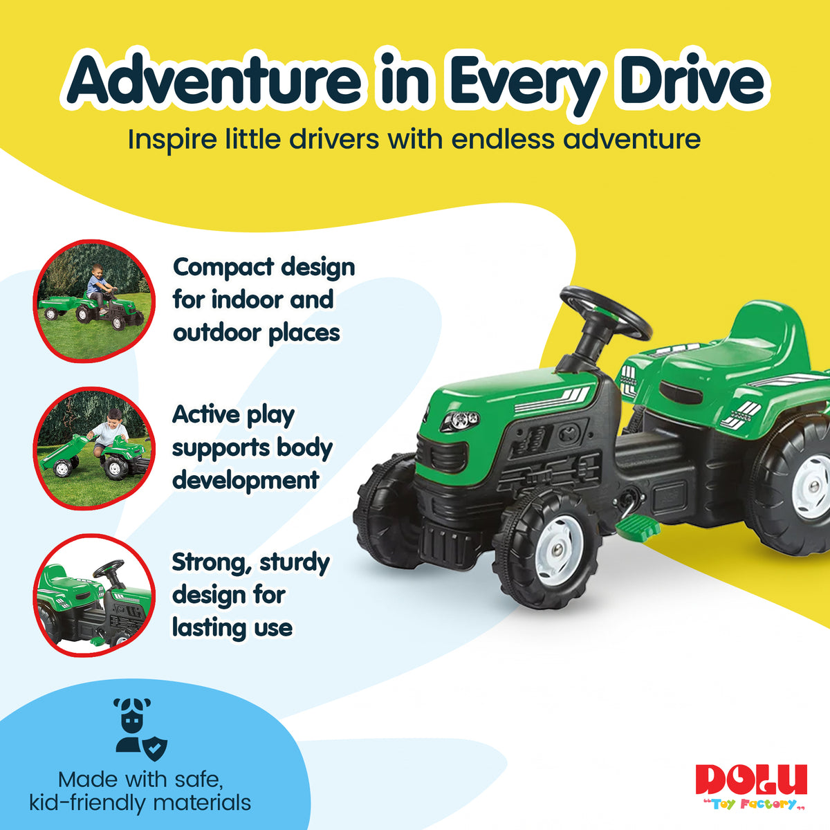 DOLU Ranchero Pedal Operated Toy Tractor with Trailer, Ages 3+ Years, Green