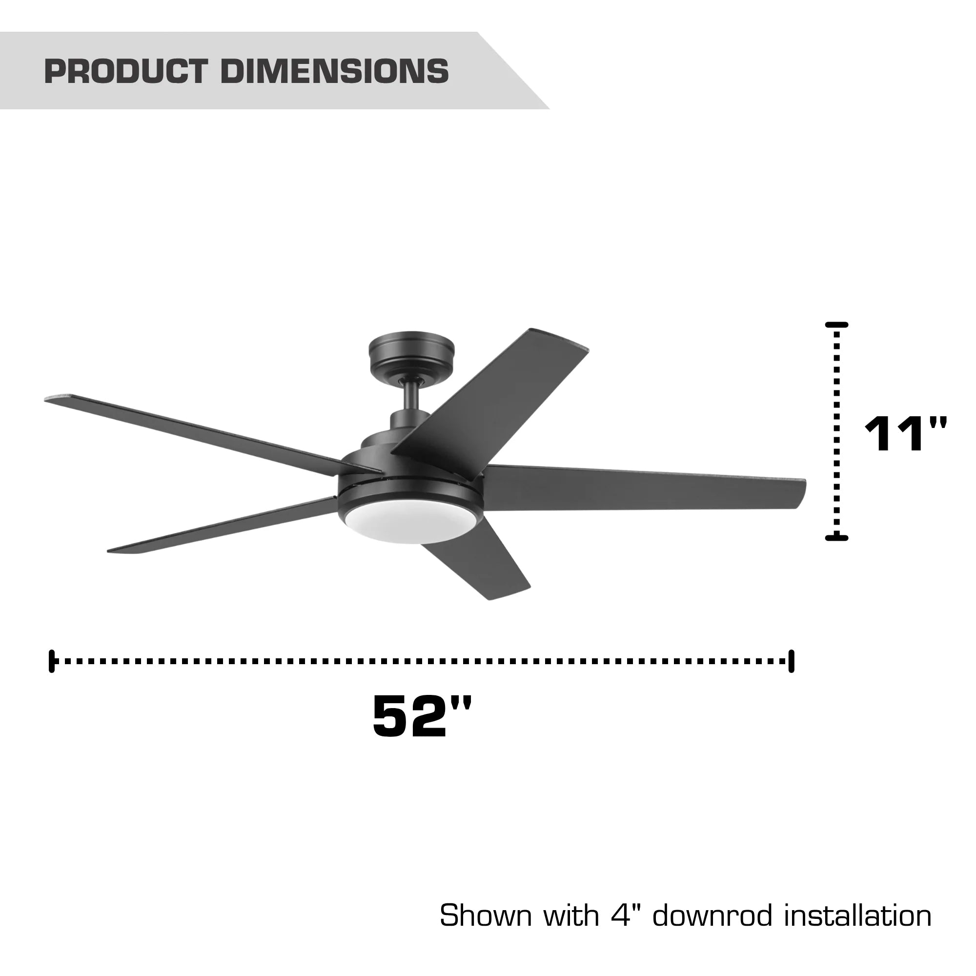 Mule 52 Inch 5-Minute Indoor & Outdoor Ceiling Fan with LED Light, Matte Black