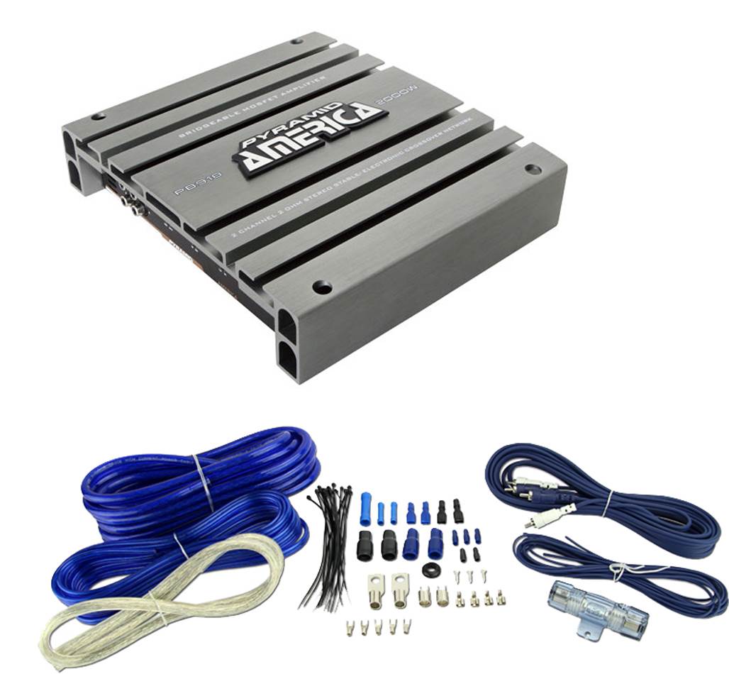 PYRAMID PB918 2000W 2 Channel Car Audio Amplifier Bridge + 4 Gauge Amp Kit Blue