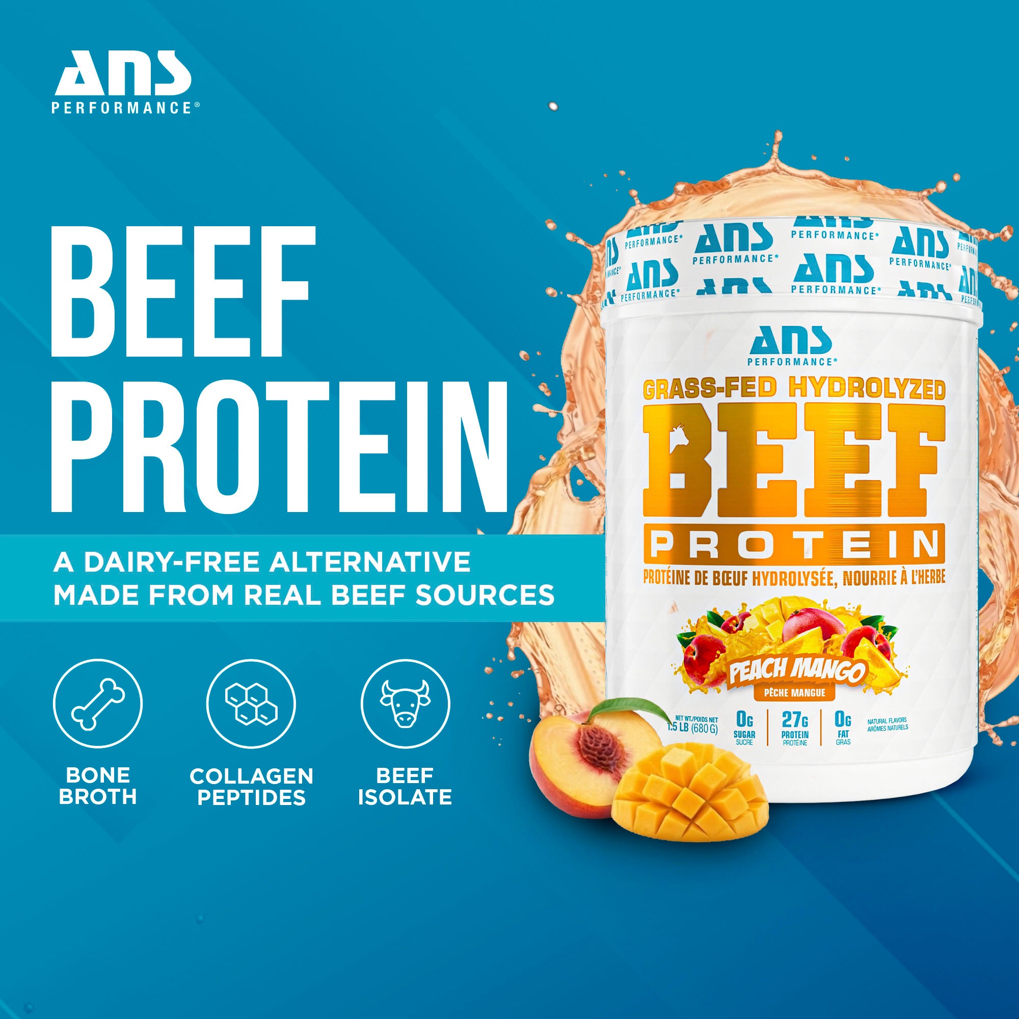 ANS Performance BEEF Protein Grass-Fed Protein Powder, 1.5 Pounds, Peach Mango