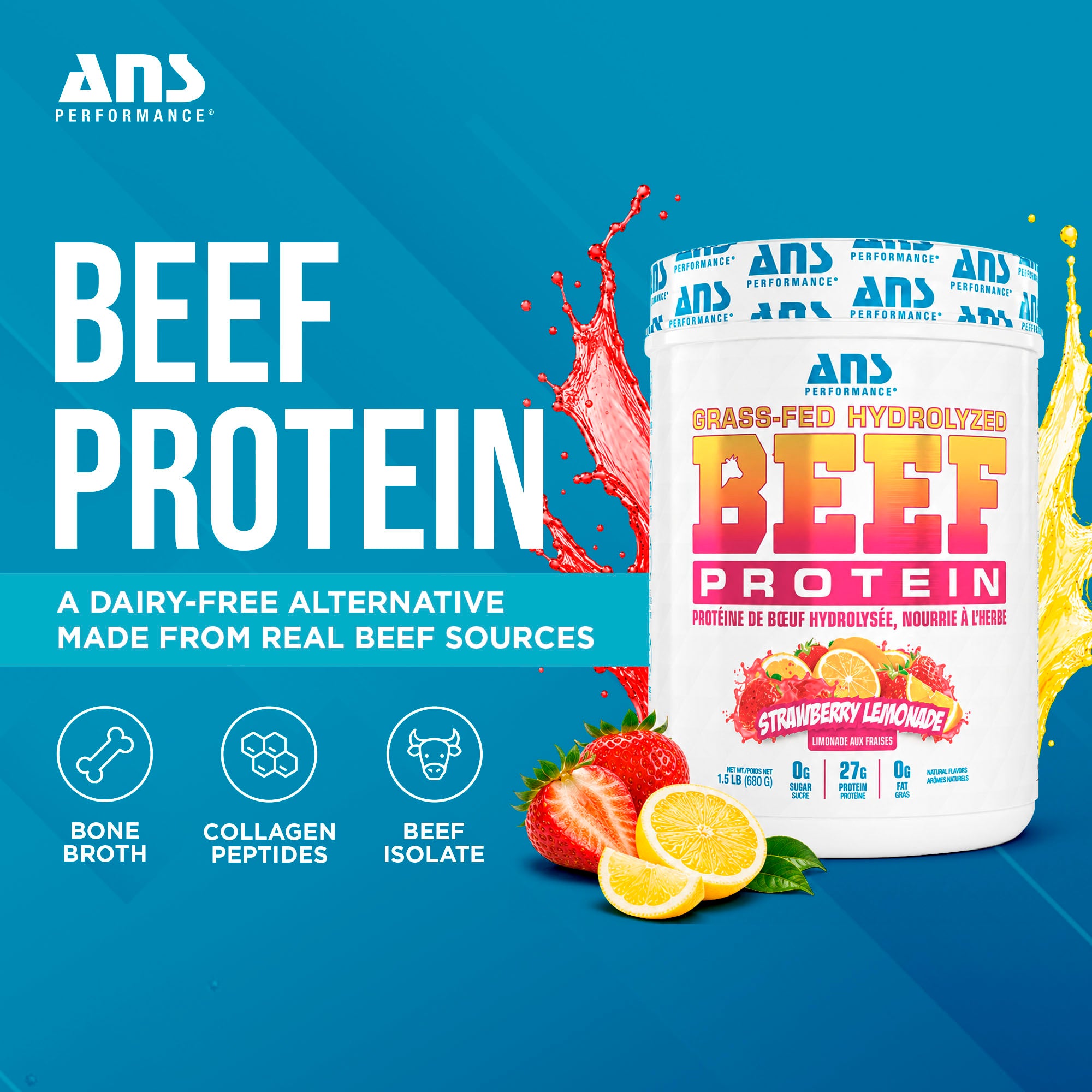 ANS Performance BEEF Protein Protein Powder, 1.5 Pounds, Strawberry Lemonade