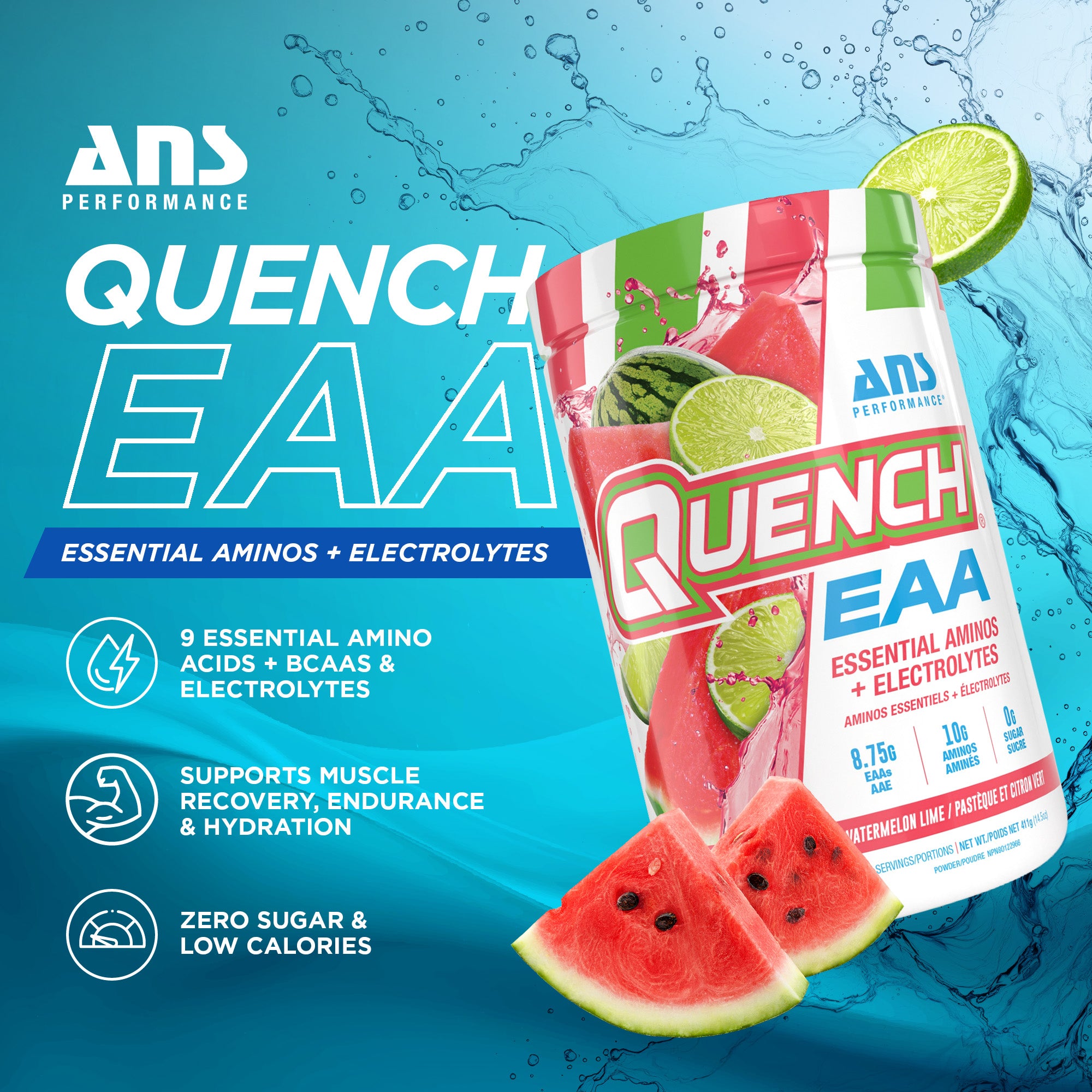 ANS Performance Quench EAA Hydration Drink Mix w/ Electrolytes, Watermelon Lime