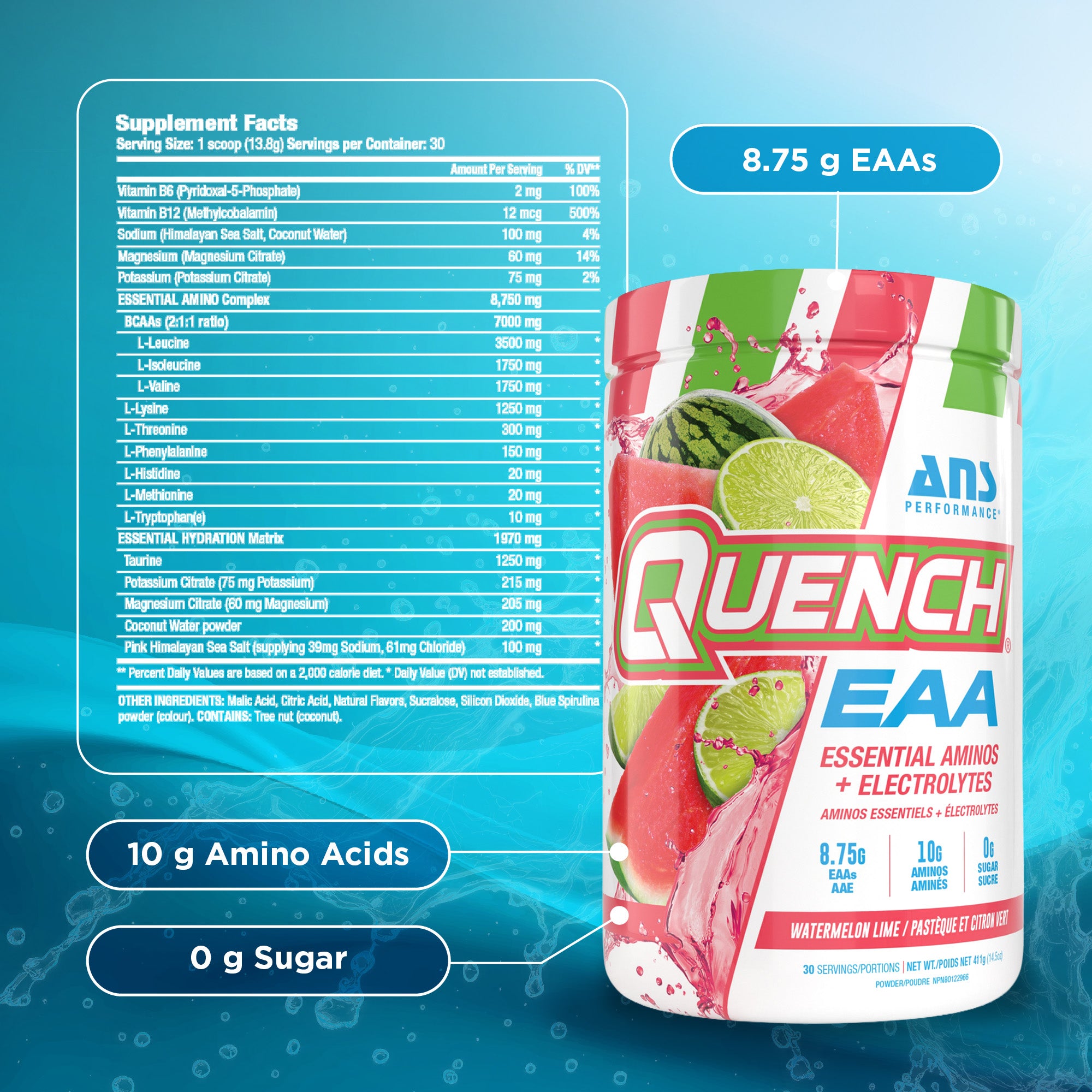 ANS Performance Quench EAA Hydration Drink Mix w/ Electrolytes, Watermelon Lime