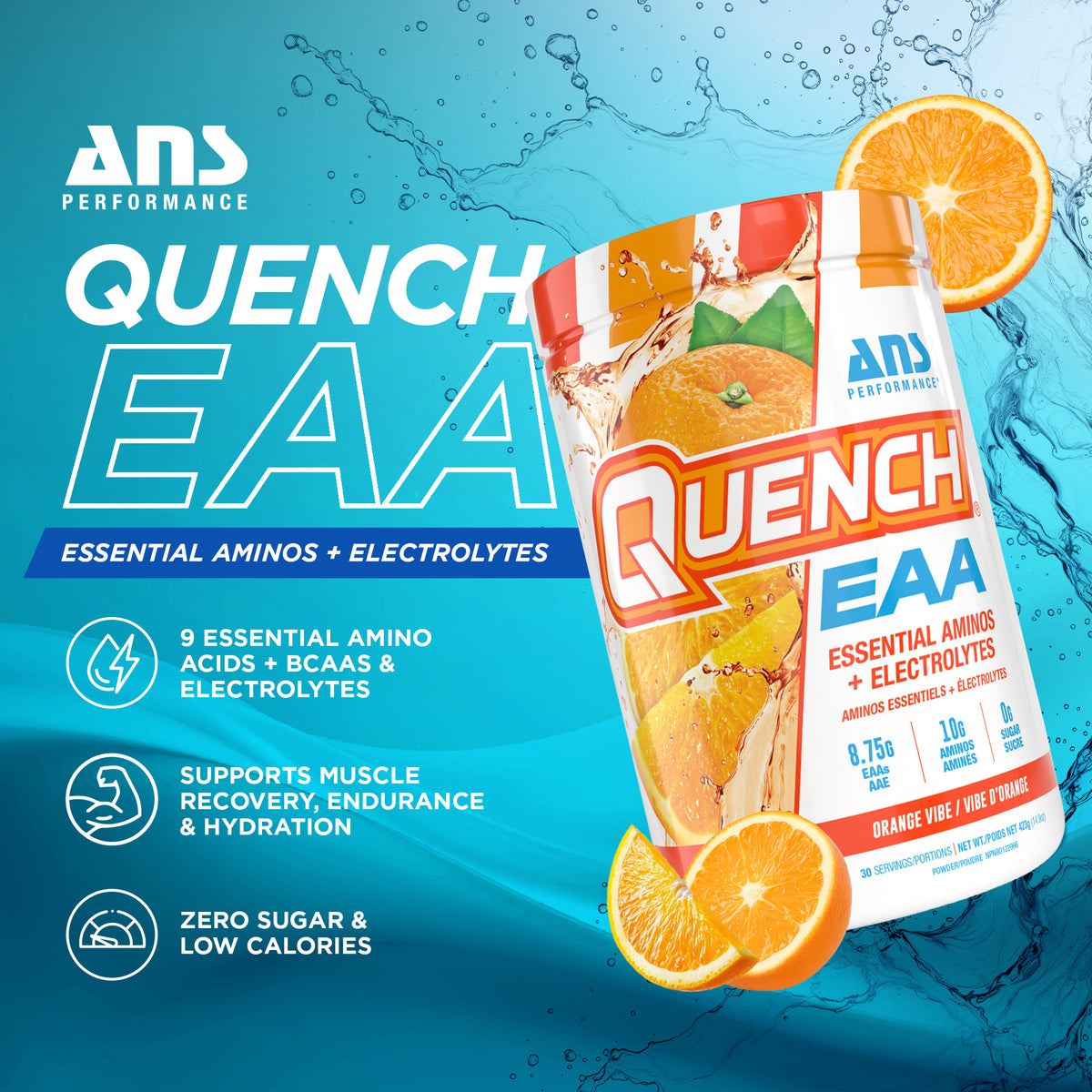 ANS Performance Quench EAA Hydration Drink Mix with Electrolytes, Orange Vibe - VMInnovations