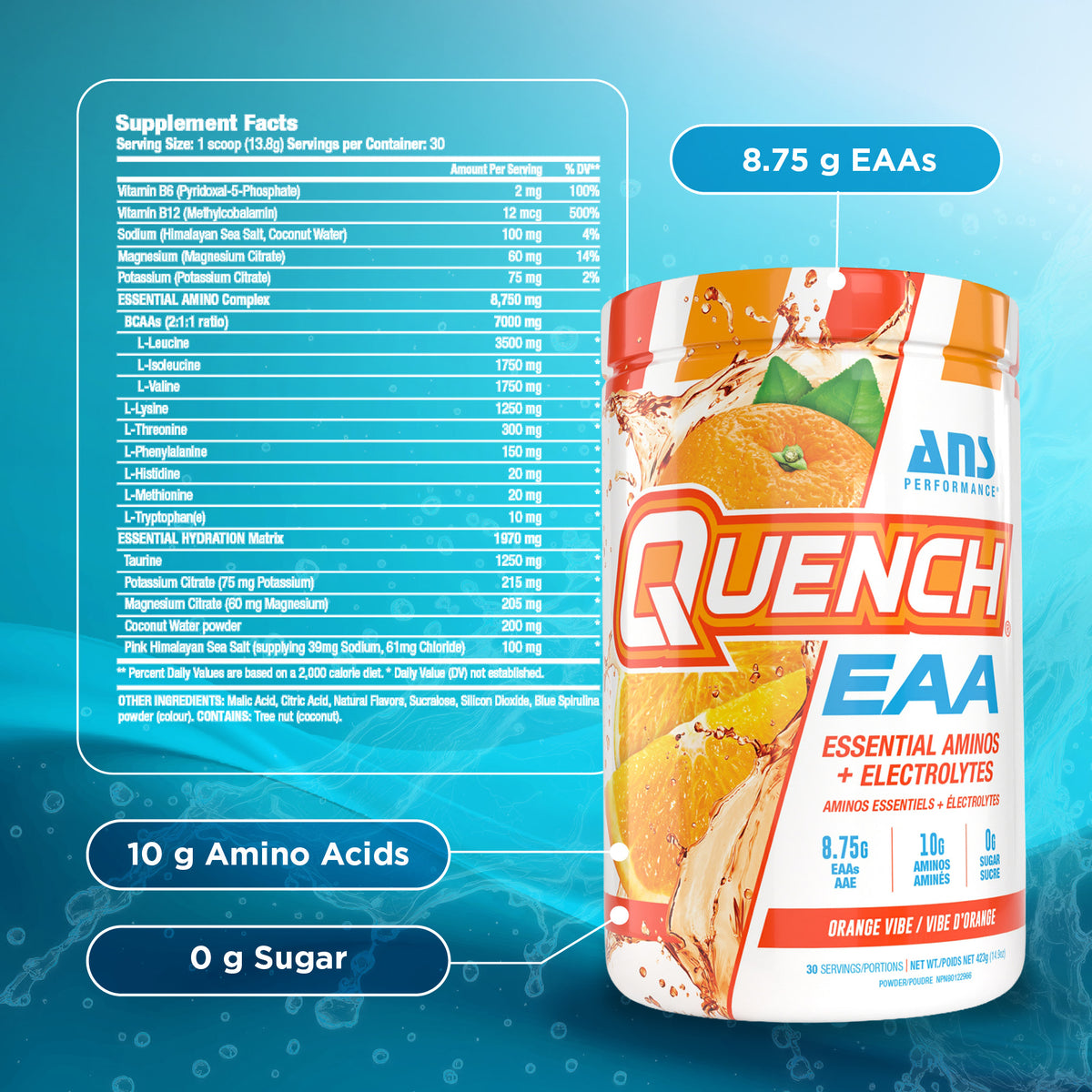 ANS Performance Quench EAA Hydration Drink Mix with Electrolytes, Orange Vibe - VMInnovations
