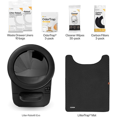 Litter-Robot EVO Bundle by Whisker, Black | Automatic Self-Cleaning Cat Litter Box, Compact Space-Saving Design, Advanced Odor Control, Includes Mat and Supply Kit
