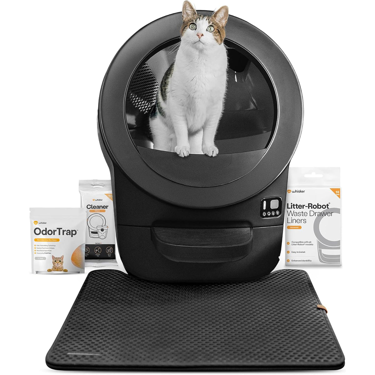 Litter-Robot EVO Bundle by Whisker, Black | Automatic Self-Cleaning Cat Litter Box, Compact Space-Saving Design, Advanced Odor Control, Includes Mat and Supply Kit