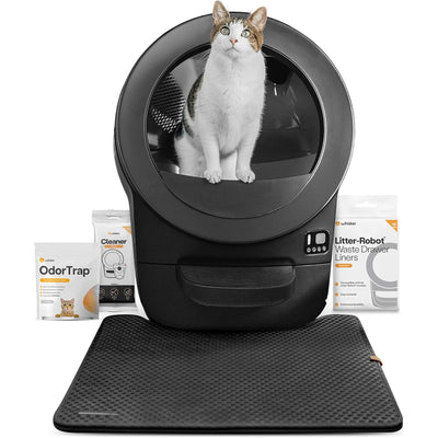 Litter-Robot EVO Bundle by Whisker, Black | Automatic Self-Cleaning Cat Litter Box, Compact Space-Saving Design, Advanced Odor Control, Includes Mat and Supply Kit