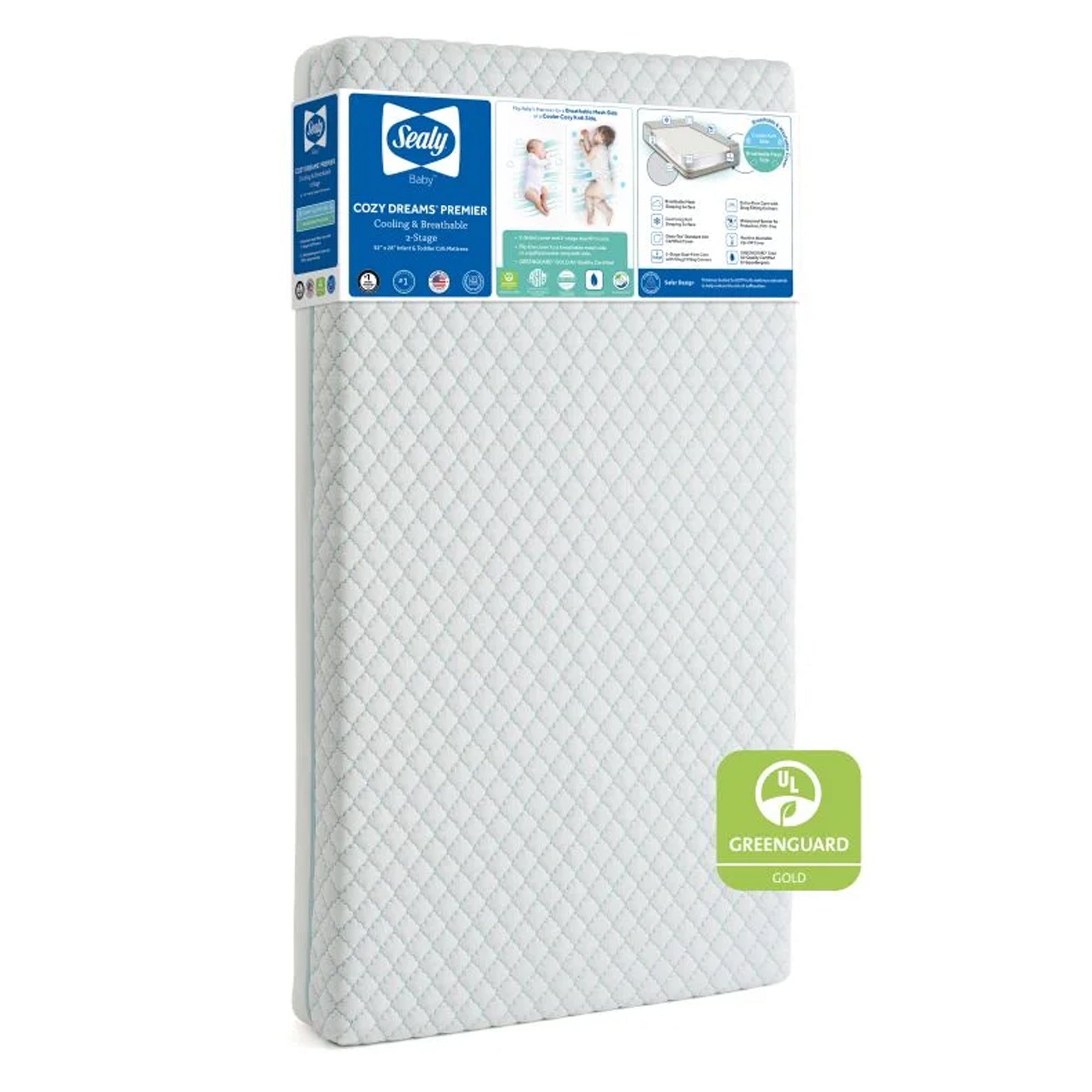 Sealy Baby Cozy Dreams Premier 2-Stage Crib Mattress, Aqua Cooling Clouds