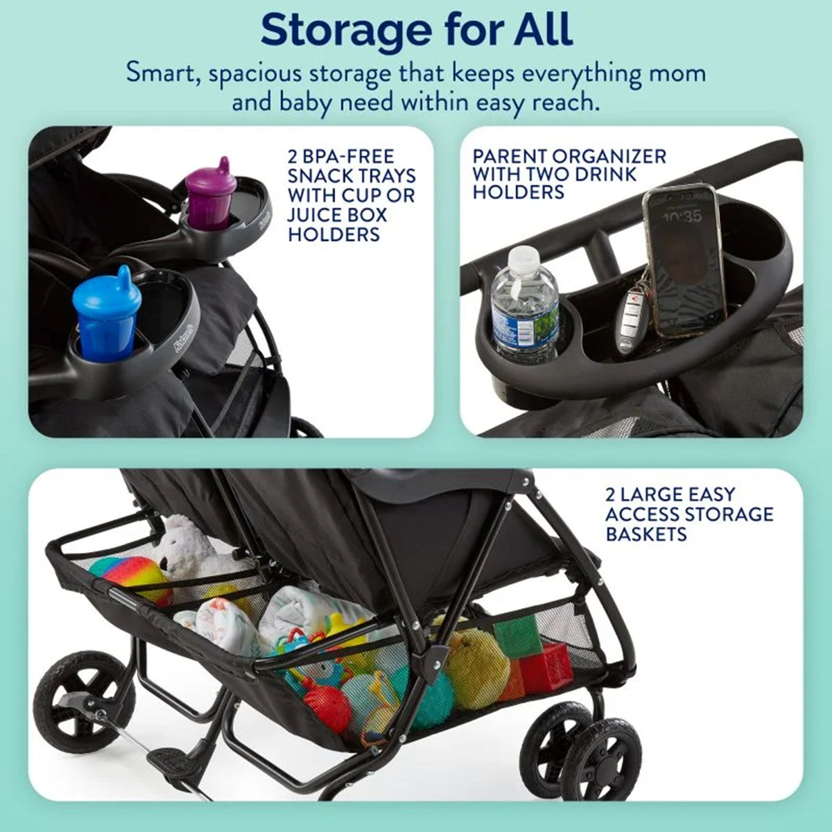 Kolcraft Baby and Toddler Double Stroller, Lightweight, 40 Lb/Seat, Slate Gray