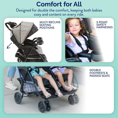 Kolcraft Baby and Toddler Double Stroller, Lightweight, 40 Lb/Seat, Slate Gray
