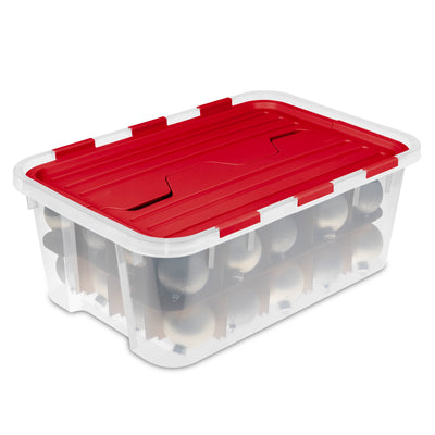 Sterilite 6 Pack 40 Qt Hinged Lid Ornament Storage Box with Dividers, Rocket Red
