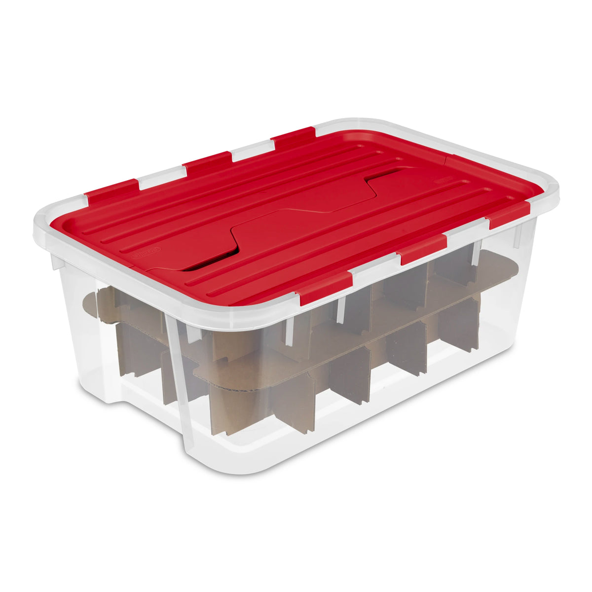 Sterilite 6 Pack 40 Qt Hinged Lid Ornament Storage Box with Dividers, Rocket Red