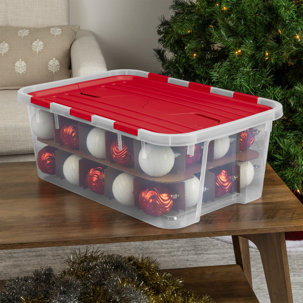 Sterilite 6 Pack 40 Qt Hinged Lid Ornament Storage Box with Dividers, Rocket Red